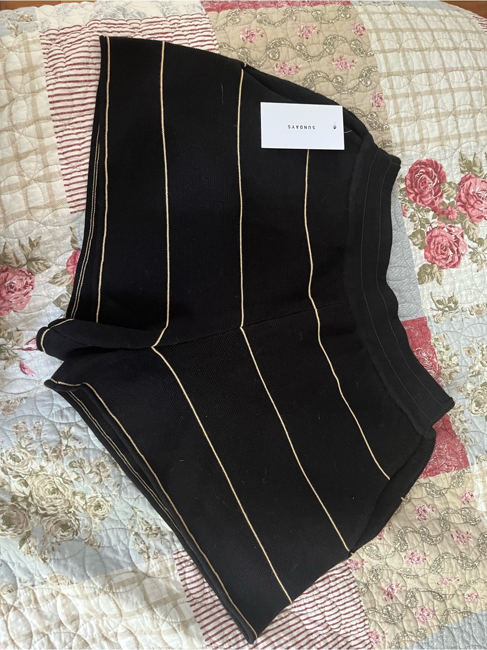 Black Knit Shorts with Gold Pinstripes
